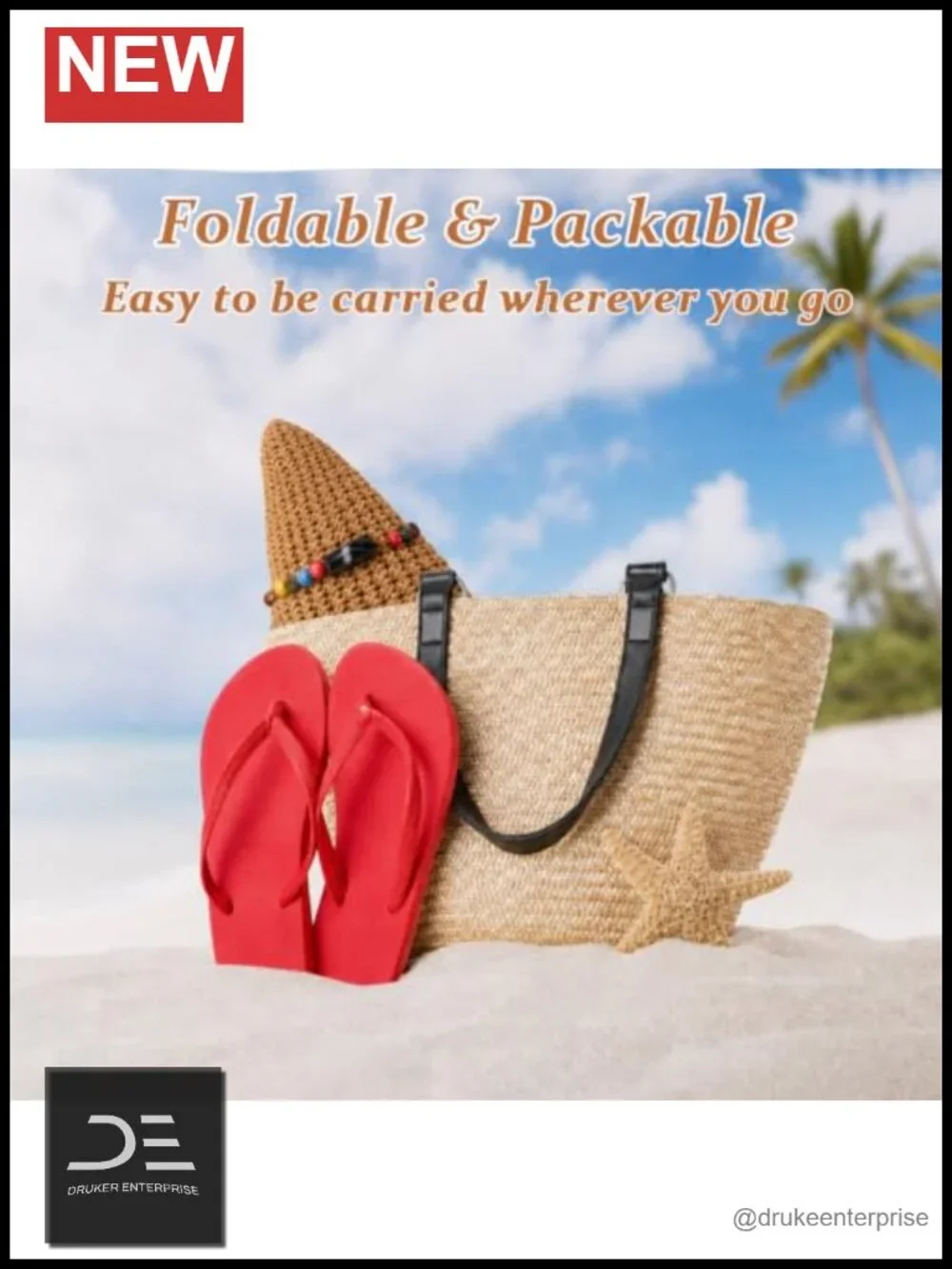 Handmade Straw Wide Brim Sun Hat with Decorative Chain, Packable
